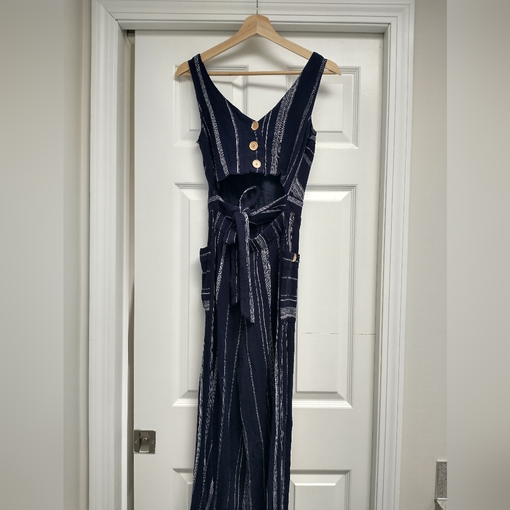 Boho Linen blue/ white striped sleeveless jumpsuit with Open Back